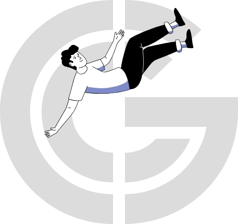 Man falling with the Gravity logo behind him